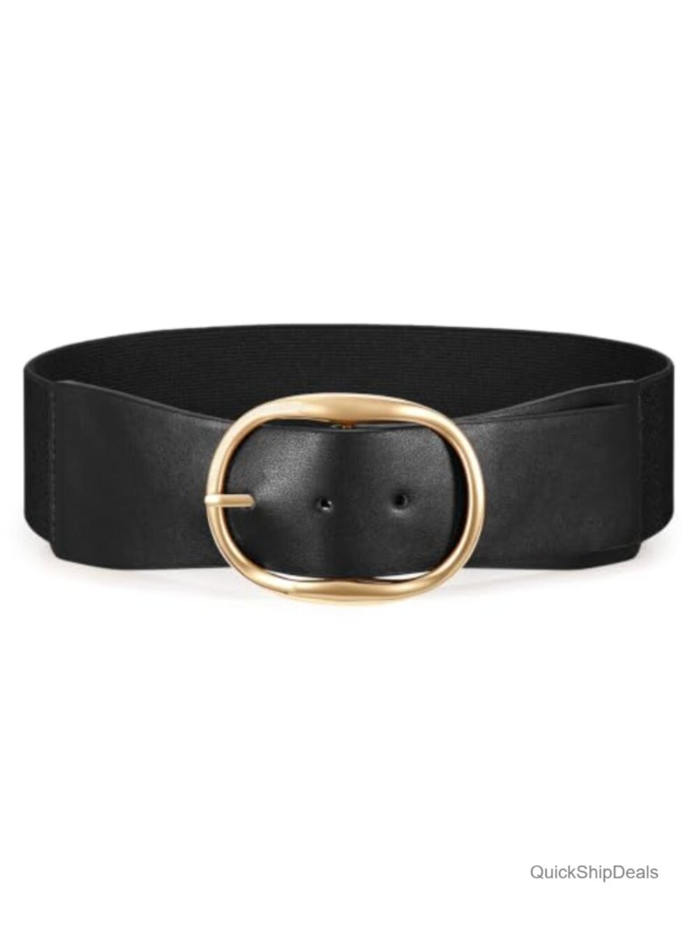 Women's Stretchy Elastic Belt Wide Waist with Oval Gold Buckle Faux-Leather